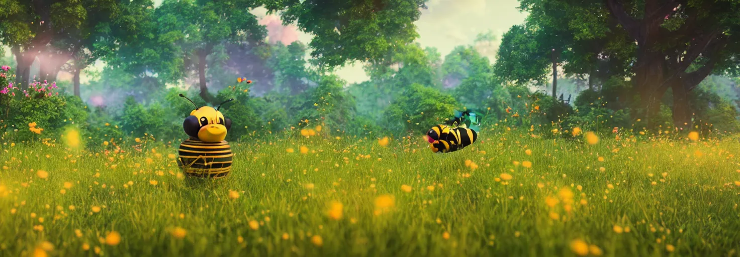 Image similar to large cute bee flying to crimson - black cute bee art school, in a beautiful forest meadow village landscape, flowers, happy trees, photorealistic, octane render, rtx, hdr, unreal engine, digital art widescreen 8 k, studio ghibli, disney, wlop