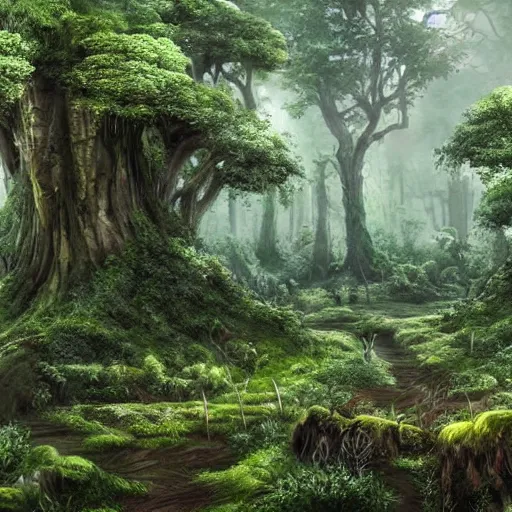 Image similar to A lush green ancient fantasy forest, with large trees and beautiful life, high details, realistic art.