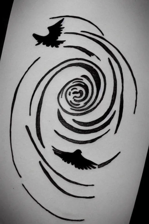 Prompt: a simple tattoo design of birds flying in a 8 spiral, black ink, logo