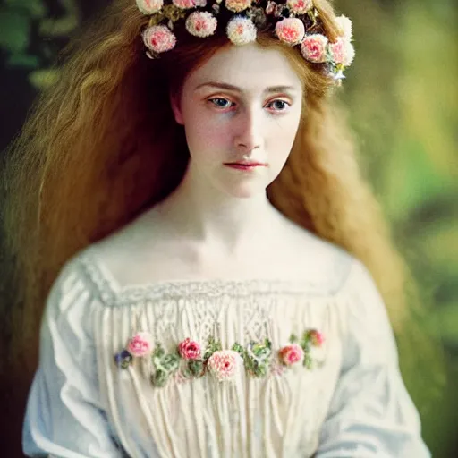 Image similar to Kodak Portra 400, 8K, soft light, volumetric lighting, highly detailed, britt marling style 3/4 ,portrait photo of a beautiful woman how pre-Raphaelites painter, a beautiful lace dress and detailed flowers adorning her hair, white pearls on her beautiful face, Realistic, Refined, Highly Detailed, natural outdoor soft pastel lighting colors scheme, outdoor fine art photography, Hyper realistic, photo realistic