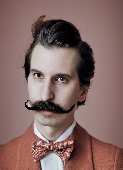 Image similar to a fashion portrait photograph of a man with a moustache art directed by Wes Anderson, 35mm, pentax, studio lighting