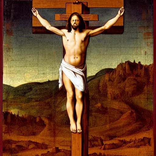 Image similar to Elon musk as jesus christ, crucified on mars, painting in the style of Leonardo Da Vinci