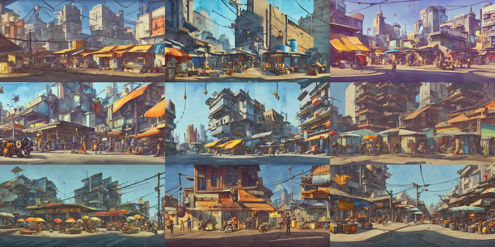 Prompt: overwatch building, stylized, exterior, architecture, in watercolor gouache detailed paintings, insanely detail, artstation, 8 k, futuristic, big medium small, arcane, simon stalenhag, food stall, interesting shapes & form, golden ratio, hard surface, props, fish market, street, slums, basquiat