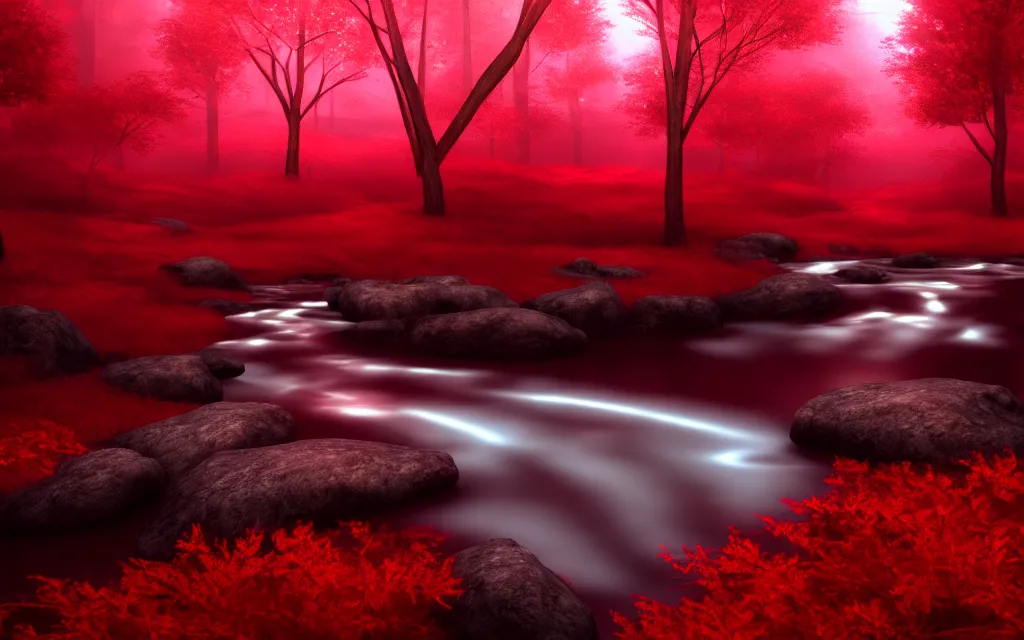 Image similar to gloomy sparse fairytale forest with a beautiful sparkling stream of glowing red water flowing through, visual novel key visual, award - winning digital art on pixiv, trending on artstation - cinematic lighting, dramatic lighting, stunning and beautiful scenery - highly detailed, hyperrealistic, unreal engine 5, in the style of kingdom hearts