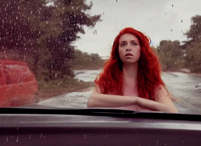 Image similar to A very high resolution image from a new movie, landscape from a car window , teen red hair woman, raining, hot, directed by wes anderson