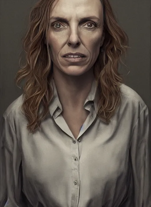 Image similar to portrait of Toni Collette in Hereditary (2018), highly detailed, centered, solid color background, digital painting, artstation, concept art, smooth, sharp focus, illustration, Jason Edmiston, donato giancola, Joseph Christian Leyendecker, Les Edwards, Ed Repka, WLOP, Artgerm