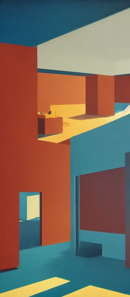 Image similar to colorful minimalist industrial interior bauhaus floors with monolithic pillars in the style of ridley scott and stanley kubrick, impossible stijl architecture, lone silhouette in the distance, ultra wide angle view, cinematic, god rays, volumetric lighting, realistic detailed painting by edward hopper