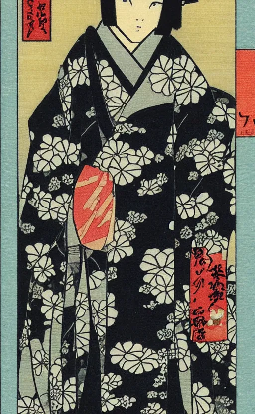 Image similar to by akio watanabe, manga art, female artist walking in kyoto street, kimono, trading card front