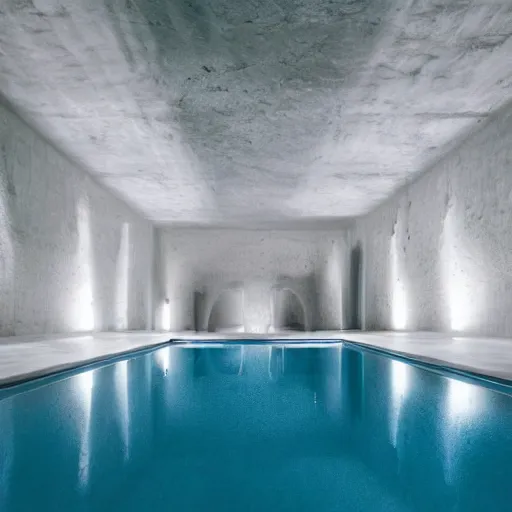 Prompt: a dimly lit underground pool made of white stone, surreal, liminal, eerie, minimalist, photo,