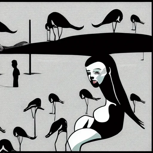 Prompt: A surreal comic noir illustration containing a beautiful woman and Flamingos on a desert beach oasis by Salvador Dali, dark vibes, high contrast, pastel lighting, cinematic, depth of field, 8k