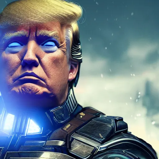 Image similar to Portrait of Donald Trump as captain america in Gears of War, splash art, movie still, cinematic lighting, dramatic, octane render, long lens, shallow depth of field, bokeh, anamorphic lens flare, 8k, hyper detailed, 35mm film grain