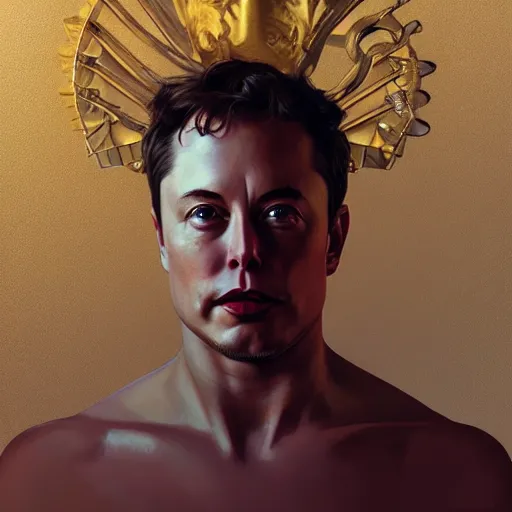 Image similar to portrait of Elon Musk as a greek god, marble statue, greek mythology, gold crown and filaments, intricate, headshot, highly detailed, digital painting, artstation, concept art, sharp focus, cinematic lighting, illustration, art by artgerm and greg rutkowski, alphonse mucha, cgsociety