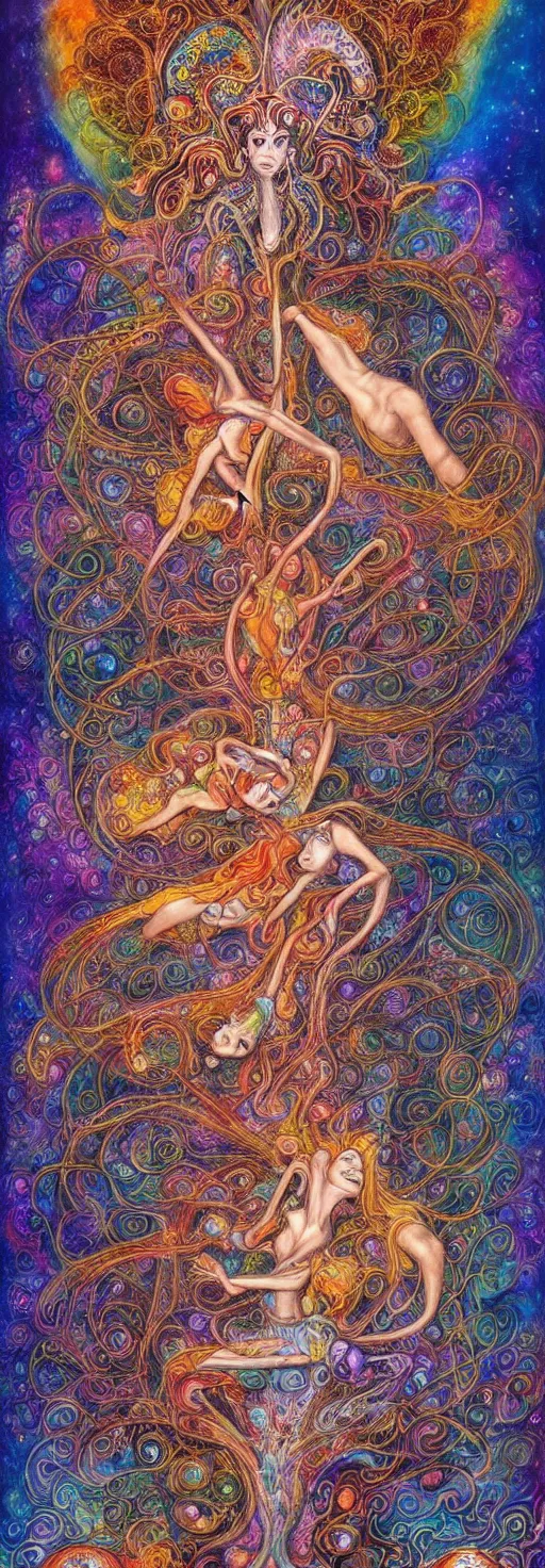 Image similar to two psychedelic shamans intertwined in a cosmic entanglement by Josephine Wall and Daniel Merriam, Artstation