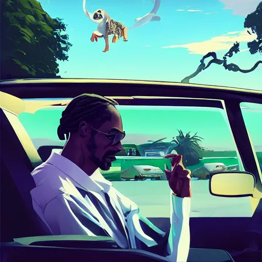 Image similar to snoop dogg driving, art gta 5 cover, official fanart behance hd artstation by jesper ejsing, by rhads, makoto shinkai and lois van baarle, ilya kuvshinov, ossdraws, and by feng zhu and loish and laurie greasley, victo ngai, andreas rocha, john harris