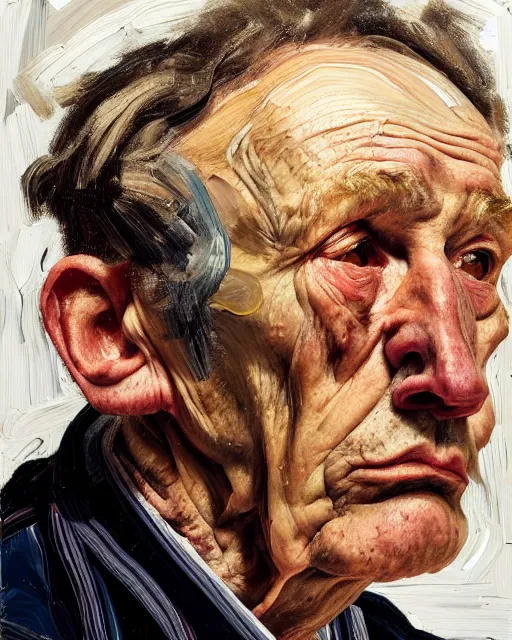 Prompt: a head and shoulders portrait a very ordinary old man with an sad expression, side angle, by Lucian Freud and Jenny Saville, oil painting, anatomically correct, beautiful perfect face, visible brushstrokes, sharp focus, Highly Detailed, Cinematic Lighting, 8k, HD