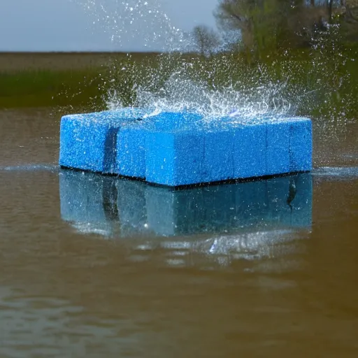 Image similar to a blue cube splashing into a turbulent lake