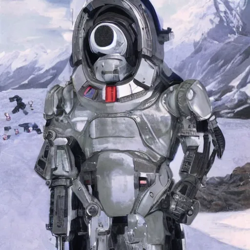 Image similar to photograph of an stern old man wearing futuristic gray heavy exosuit armor with navy blue detailing holding a white plastoid shield in his left hand and a blaster in his right hand. in the background there is a scifi battle taking place with trenches and force - field generator trucks and laser machineguns on a rolling green plains with snowcapped mountains in the distance. science fiction.
