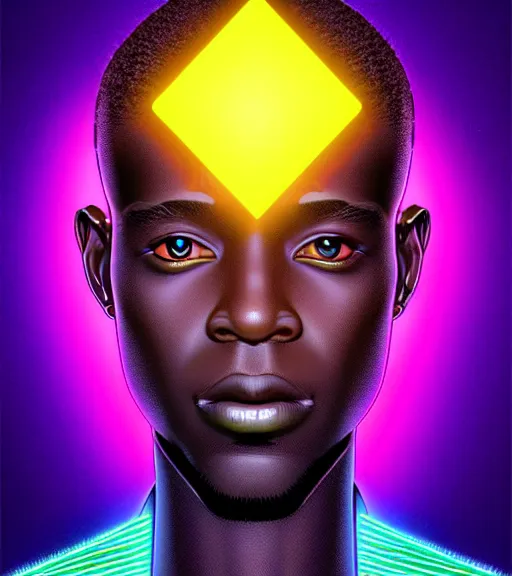 Image similar to symmetry!! african prince of technology, solid cube of light, hard edges, product render retro - futuristic poster scifi, lasers and neon circuits, dark skin man african prince, intricate, elegant, highly detailed, digital painting, artstation, concept art, smooth, sharp focus, illustration, dreamlike, art by artgerm