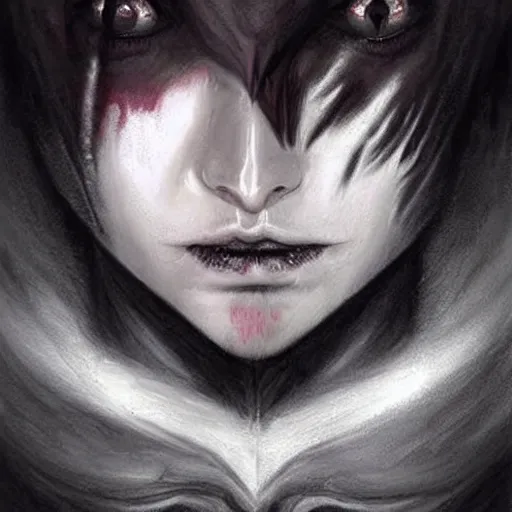 Image similar to concept drawing, demon possessed character, male. hair in a bob cut, left black, right white. demon noticeable by'extra eyes '!!, dark aura, cold look. made by karol bak