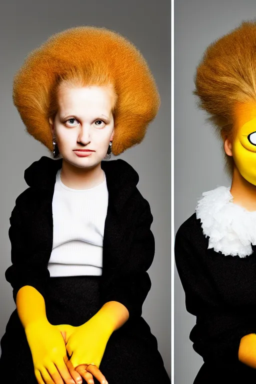 Image similar to studio portrait of girl that looks excactly like lisa simpson, lookalike, wears the same exact clothes, as if lisa simpson came to life, soft light, black background, fine details, close - up, award winning photo by martin schoeller