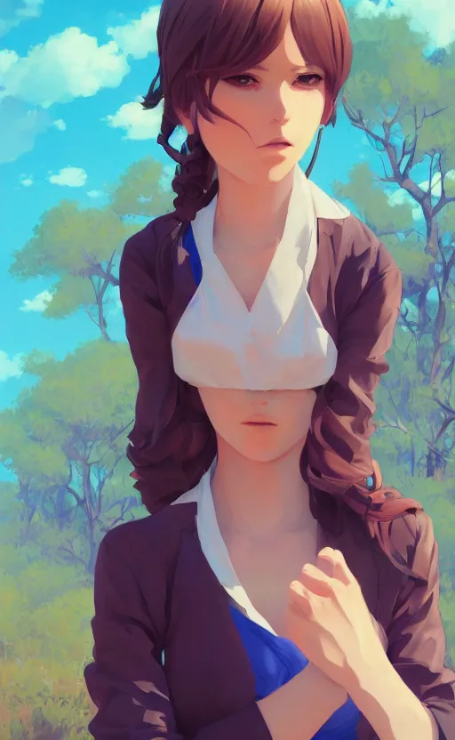 Image similar to a portrait of a female character on an arid forest, blue sky, clouds, vivid colors, soft lighting, atmospheric, cinematic, moody, in the style of ilya kuvshinov and range murata, krenz cushart, rule of thirds, oil on canvas, 8 k