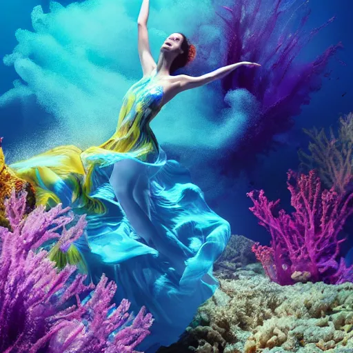 Image similar to beautiful realistic woman dancing underwater wearing a flowing dress made of blue, magenta, and yellow seaweed, delicate coral sea bottom, swirling silver fish, swirling smoke shapes, octane render, caustics lighting from above, cinematic