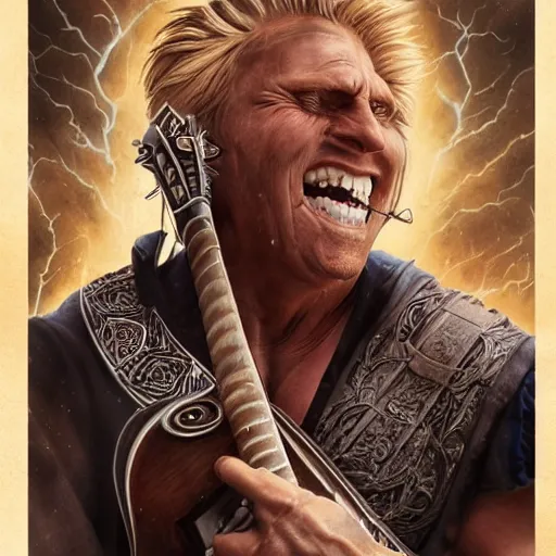 Prompt: detailed photo of a orc bard portrayed by gigachad Gary Busey playing a lute, 8k,by Tristan Eaton, Stanley Artgermm, Tom Bagshaw, Greg Rutkowski, Carne Griffiths, trending on DeviantArt, face enhance, hyper detailed ,full of color, dramatic lightning, epic stance