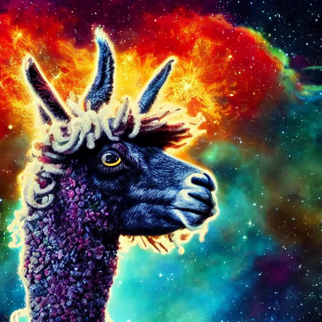 Image similar to llama with dreadlocks, depicted as an explosion of a nebula, 4 k, hyperrealistic painting