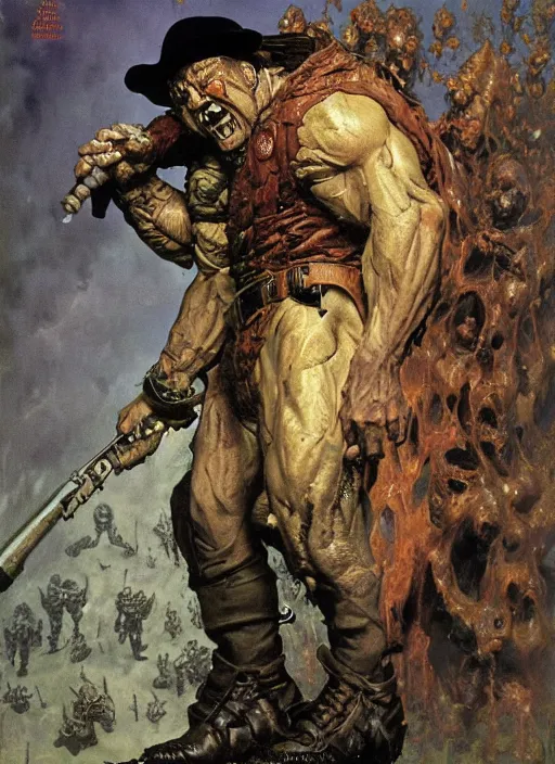 Image similar to dorian yates as doom hell baron wearing old trench coat and tattered pants, dynamic action, by lawrence alma tadema and zdzislaw beksinski and norman rockwell and jack kirby and tom lovell and greg staples