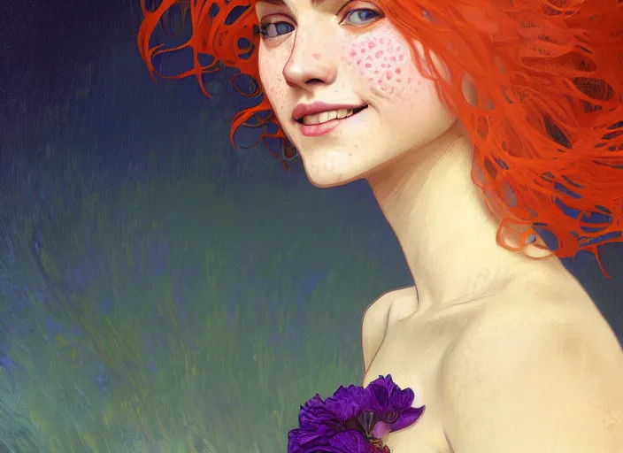 Image similar to portrait of a beautiful smiling girl with orange hair and freckles, green eyes, highly detailed, digital painting, concept art, smooth, sharp, focus, background is purple, trending on deviantart, alphonse mucha, WLOP