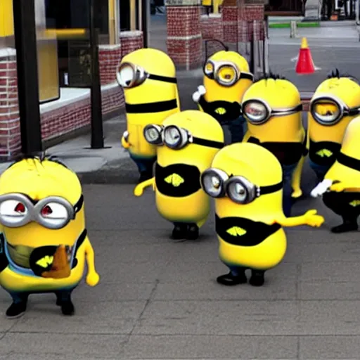 Prompt: minions raiding a local mcdonalds, stealing all the goddamn burgers, dramatic scene