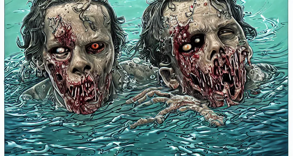 Image similar to highly detailed full body portrait of a zombie swimming underwater in a zombie - apocalypse, in a swimming pool, style tony moore walking dead