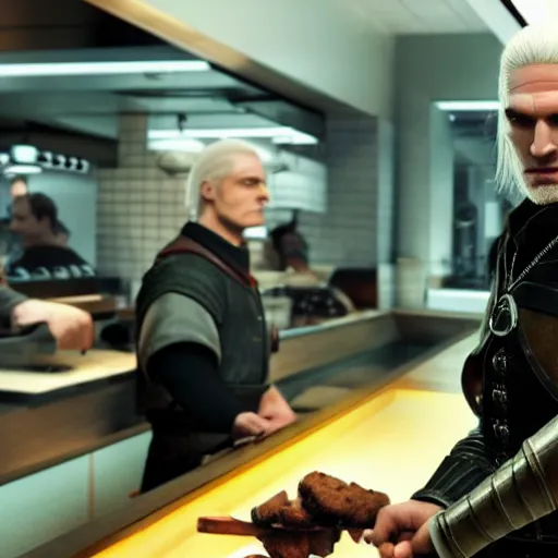 Image similar to geralt working in mcdonalds, movie still, dslr