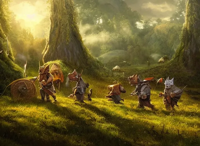 Prompt: kobolds in the shire scenery landscape, lord of the rings, swap forest, evening, crude wooden huts, rule of thirds, highly detailed, perfect lighting, perfect composition, 4 k, artgerm, derek zabrocki, greg rutkowski