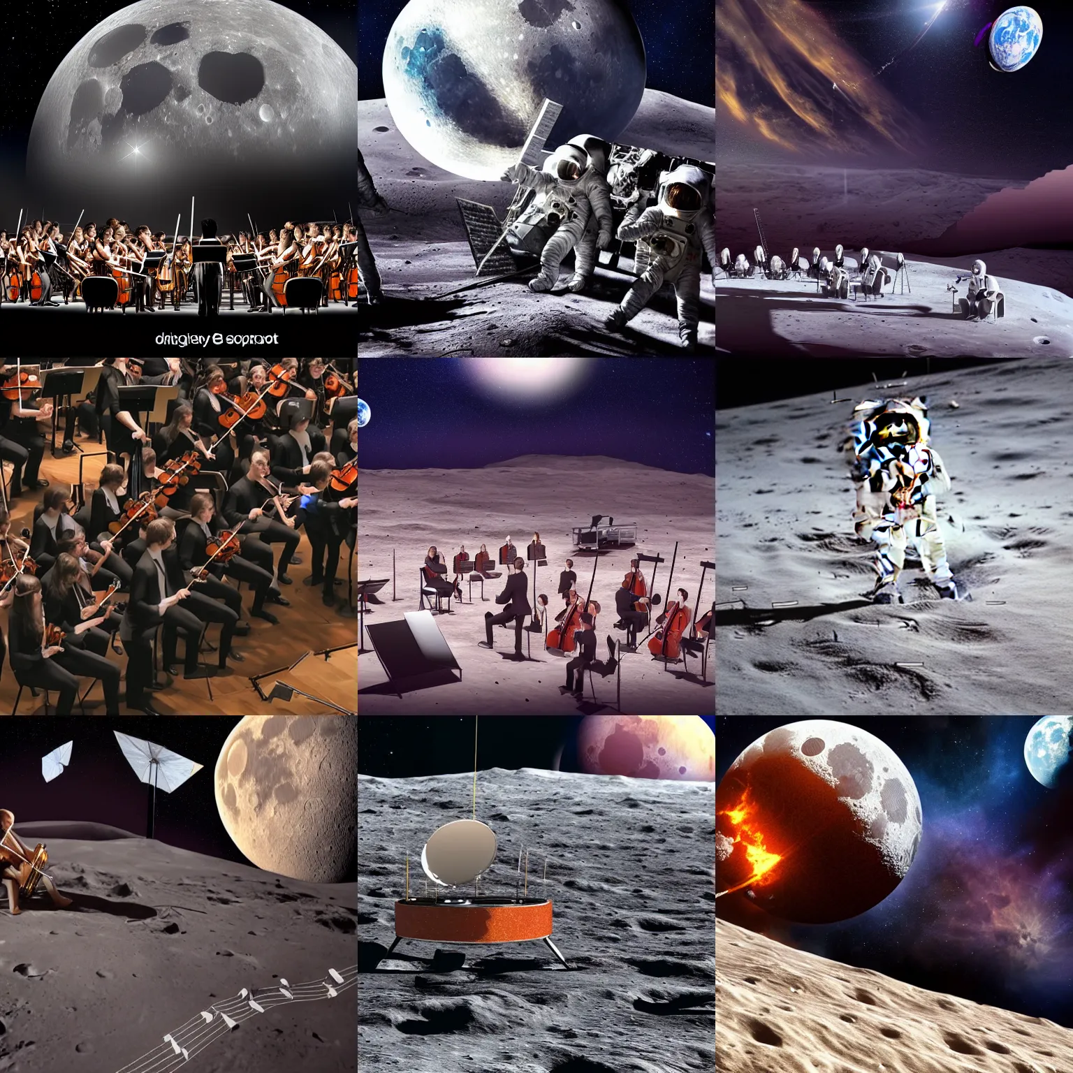 Prompt: symphonic orchestra playing music on the moon, realistic, 4k, hdr, space