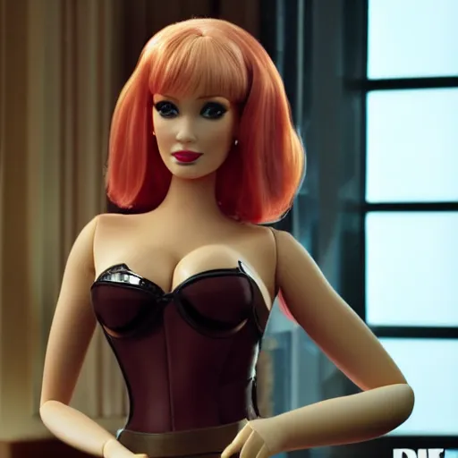 Image similar to amazing beautiful Christina Hendricks barbie doll wearing leather in the living room, film still from the movie directed by Denis Villeneuve , wide lens