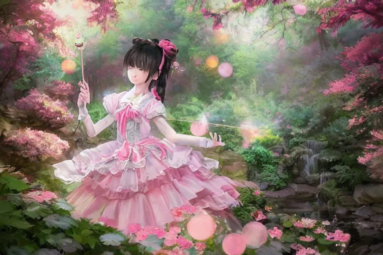 Image similar to portrait of magical lolita girl in a Japanese garden, dreamy and ethereal, expressive pose, big pink eyes, peaceful expression, ornate frilly dress, fantasy, intricate, elegant, many rainbow bubbles, rose tones, dynamic lighting, highly detailed, 8k, digital painting, artstation, concept art, smooth, sharp focus, illustration, art by artgerm and greg rutkowski and alphonse mucha