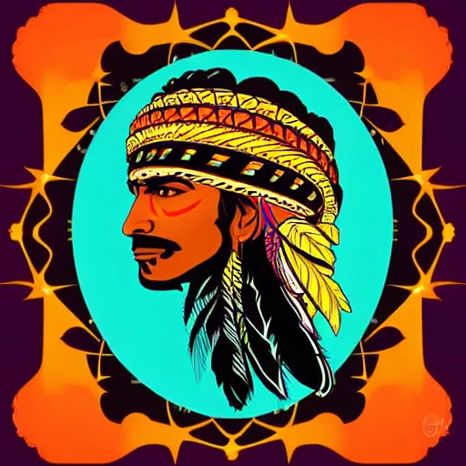 Prompt: a portrait of a beautiful indian indigenous man, in retro colors, synthwave style, 2 d digital vector art