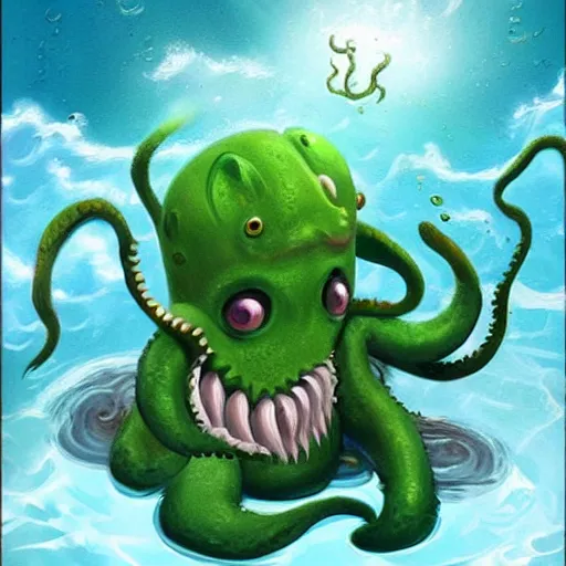 Prompt: cute baby cthulu splashing in the ocean, trending on artstation