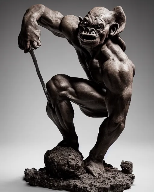 Image similar to a full figure rubber sculpture of crouching Orc, by Michelangelo, dramatic lighting, rough texture, subsurface scattering, wide angle lens