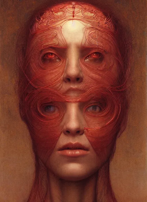 Image similar to Woman masterpiece, beautiful eyes, red, golden halo behind her head, red wires wrap around, by Edgar Maxence and Ross Tran, Zdzisław Beksiński, and Michael Whelan, distant, gustav dore, H.R. Giger, 8k, octane render
