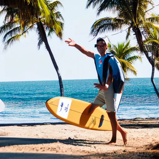 Prompt: mailman holding a macbook in one hand and waving to a surfer with the other hand