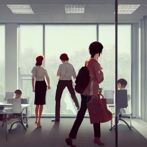 Image similar to human people walking among employee in an office, highly detailed,, artstation hd, deviantart, by madgwick,, greg rutkowski, artgerm, takato yomamoto, ilya kuvshinov, ross tran, conrad roset