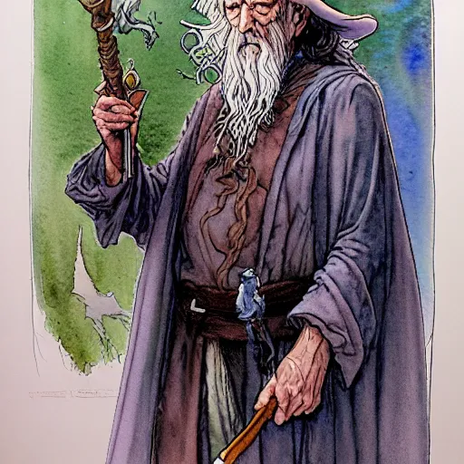 Image similar to a realistic and atmospheric watercolour fantasy character concept art portrait of gandalf with bloodshot eyes smoking a pipe looking at the camera by rebecca guay, michael kaluta, charles vess and jean moebius giraud