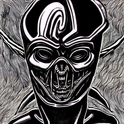 Image similar to a dark humanoid, hyper detailed, in the style of h. r. giger and junji ito and h. r. giger and junji ito, selfie