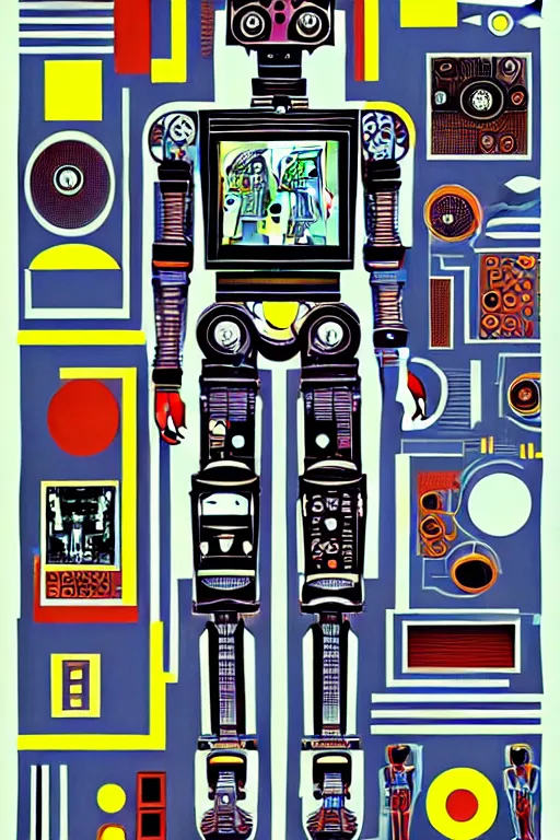 Image similar to a diagram of a robot body with various parts, cyberpunk art by eduardo paolozzi, behance contest winner, computer art, greeble, steampunk, poster art, james turrell, robert rauschenberg, andy warhol, pop art, czechoslovakia, surrealism, milton glaser, graphic design