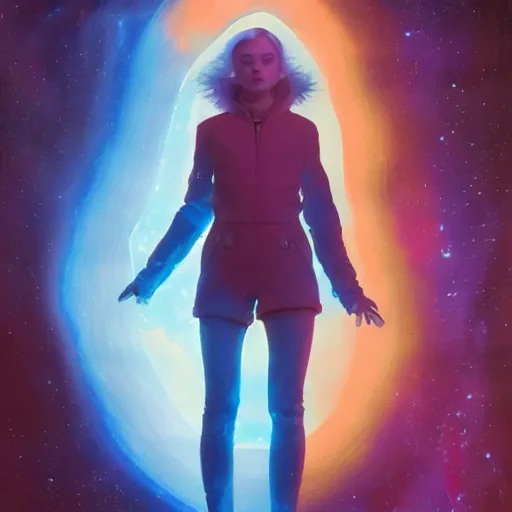 Prompt: silhouette of Elle Fanning in space, stormy weather, extremely detailed masterpiece, oil on canvas, low-key neon lighting, artstation, Blade Runner 2049, Roger Deakin’s cinematography, by J. C. Leyendecker and Peter Paul Rubens,