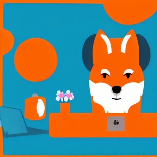 Image similar to icon of a cute fox sitting in front of laptop, cartoon, disney style, vivid colors, orange glow