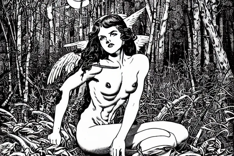 Image similar to an angelic female warrior sitting in an autumn forest, fantasy graphic novel style, by wendy pini and virgil finlay, intricate, vivid gradient colors, very fine inking lines, extremely detailed, 4k, hd