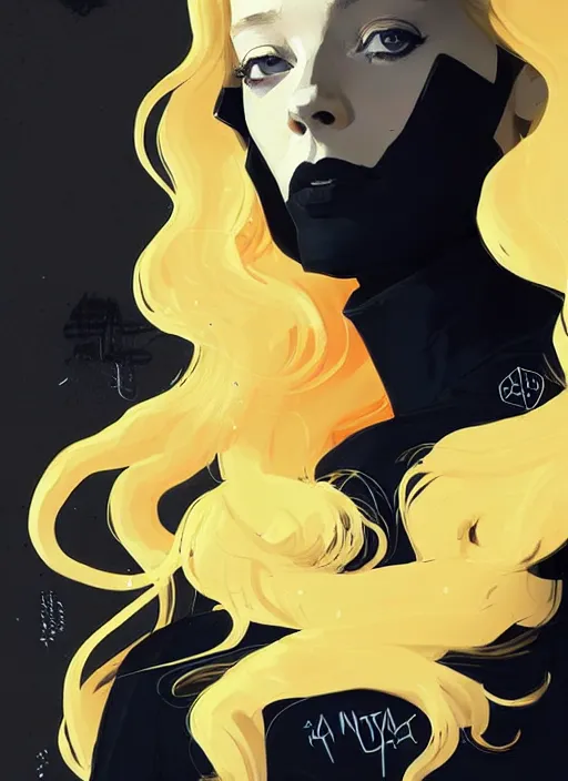 Image similar to highly detailed closeup portrait of beautiful portia doubleday, blonde wavy hair, angela moss, black suit by atey ghailan, by greg rutkowski, by greg tocchini, by james gilleard, by joe fenton, by kaethe butcher, gradient yellow, black and white color scheme, grunge aesthetic!!! ( ( graffiti tag wall background ) )